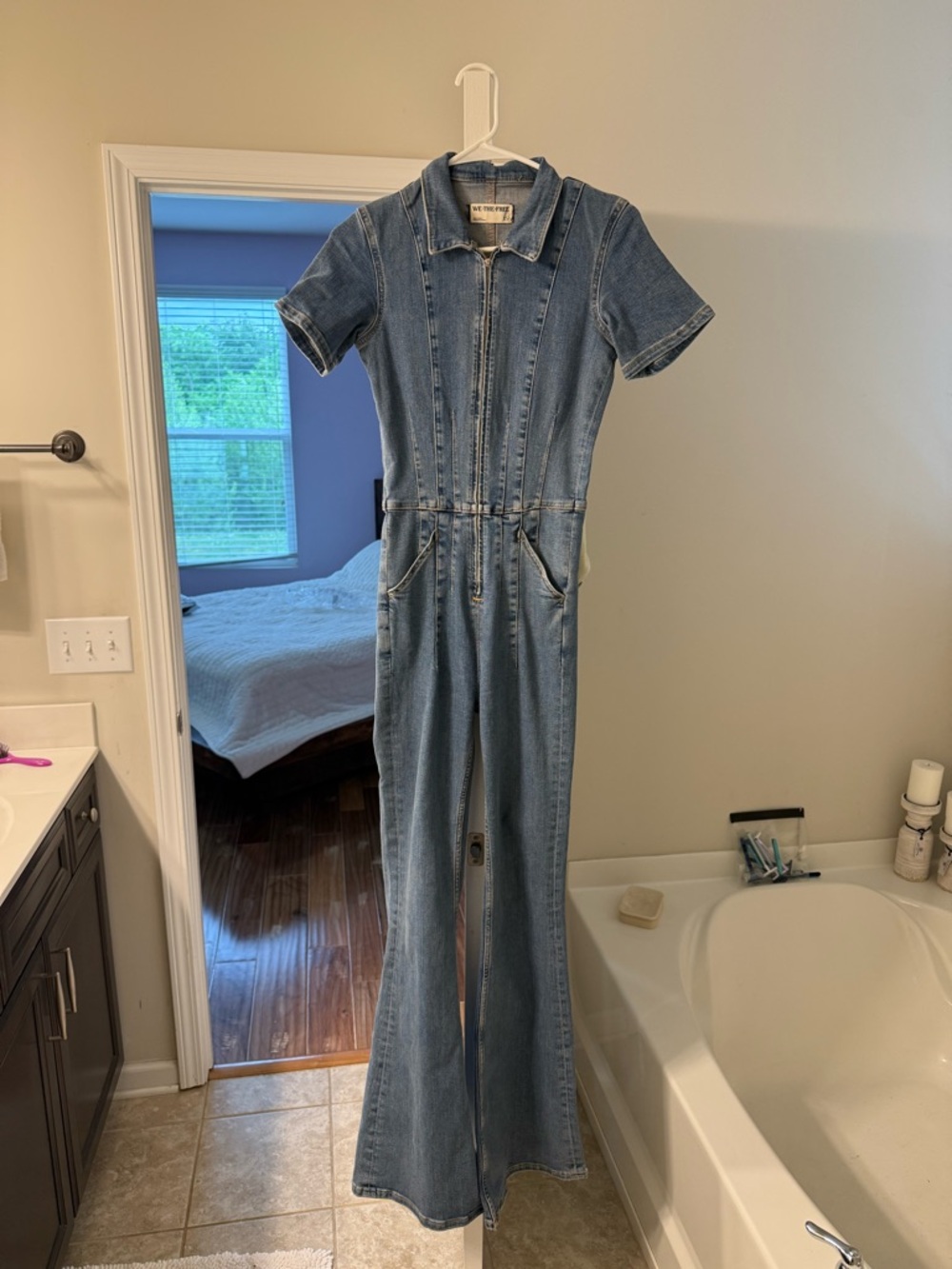 We The Free Denim Blue Short-Sleeve Zip Front Jumpsuit